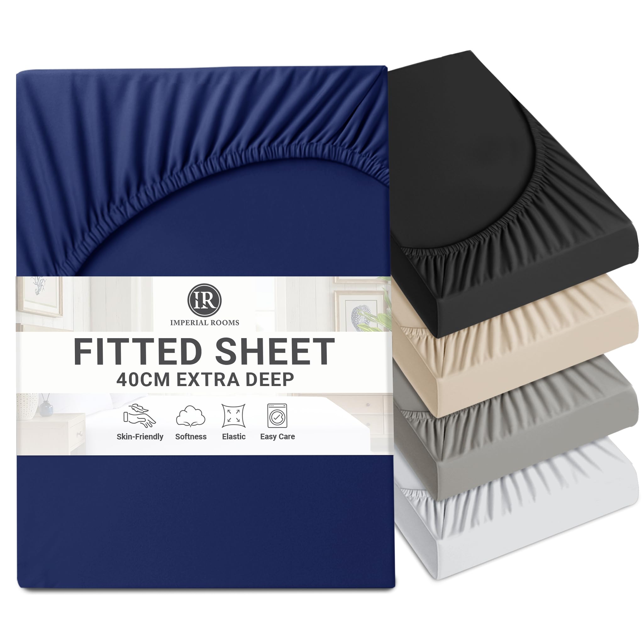 Imperial Rooms Fitted Sheet 40 Cm - Brushed Microfiber Fitted Bed Sheets Double - Easy Care Soft Extra Deep Bed Sheet - Shrinkage and Fade Resistant (Navy)