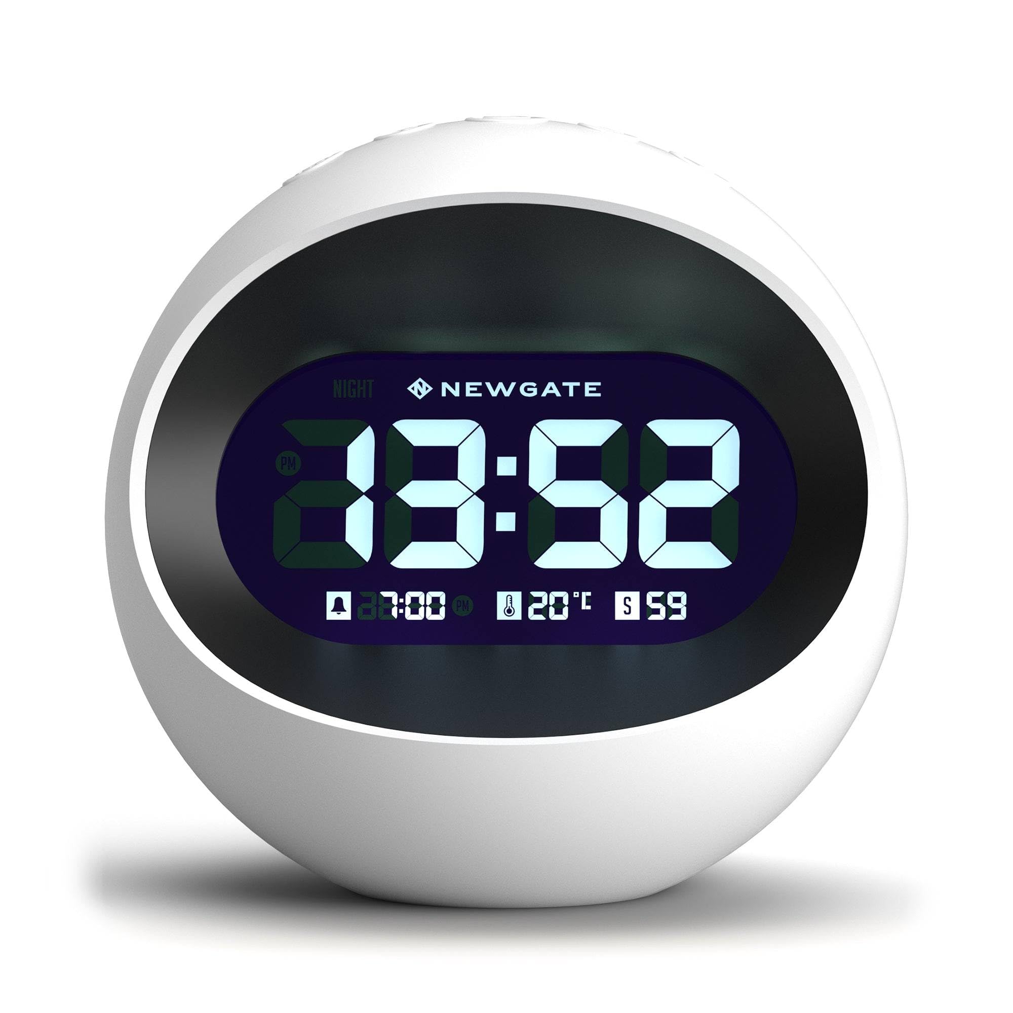 NEWGATE® Centre of the Earth alarm clock | Round retro digital LCD clock | White | Ideal for bedside, desk or shelf | Retro bedroom & office accessory — image 1
