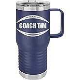 Personalized FOOTBALL Coaches 20 oz. Travel Mug, Football Players, Team Mug Gift- Laser Engraved Polar Camel Suregrip Stainless Steel 20 oz. Travel Mug, 13 Colors (Navy)