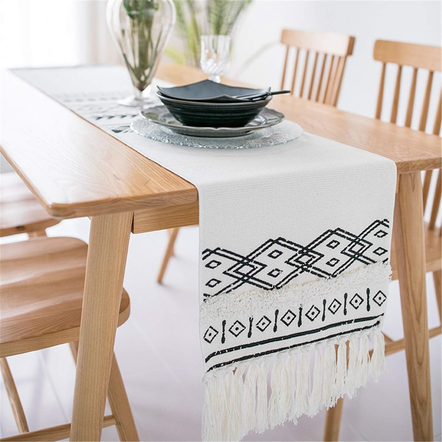 NEWISHER Black and White Bohemian Cotton Handmade Woven Tufted Diamond Pattern Table Runner Tassels for Living Room Kitchen Party Wedding Decoration 70 Inch