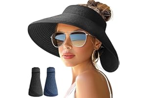 2Pack Sun Hats for Women Wide Brim Roll-Up Beach Bowknot Hat Packable Foldable Travel Straw Visor