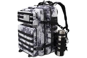 ROGJUK 45L Large Tactical Military Backpack for Women and Men, Assault Pack Army 3 Day Molle Bug Out Bag with Adjustable Water Bottle Holder, Gym EDC Daypack Rucksack for Camping Motorcycle, Balck White Camo