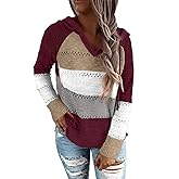 BLENCOT Women Color Block Hooded Crochet Striped Sweaters Lightweight Drawstring Hoodies Pullover Trendy Sweatshirts