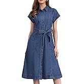 Allegra K Denim Shirt Dress for Women's Casual Button Down Short Sleeves Belted Jean Midi Dress 2025 Trendy Outfits