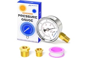 MEANLIN MEASURE -30inHG~0Psi Vacuum Gauge Stainless Steel 1/4" NPT 2" FACE DIAL Waterproof for Air Compressor HVAC Negative Pressure Hand Pump Pool Lower Mount, with 1/2" NPT and 3/8" NPT Hex Bushing