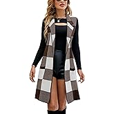 UANEO Womens Sleeveless Cardigans Long Plaid Sweater Vest Knitted Open Front Jackets with Pockets