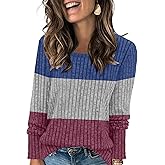 Leafsay Womens Color Block Tops Striped Lightweight Sweaters Long Sleeve Crewneck Shirts Casual Loose Fit Tunic