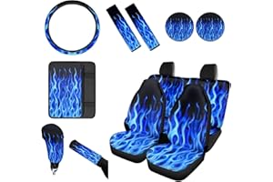 Wanyint Car Seat Cover Blue Fire Flame Auto Seats Protector Handbrake Gear Shift Cover Steering Wheel, Seatbelt Cover Universal fit Most Car Van Truck Sedan SUV, Cup Coaster Armrest Cover Cushion