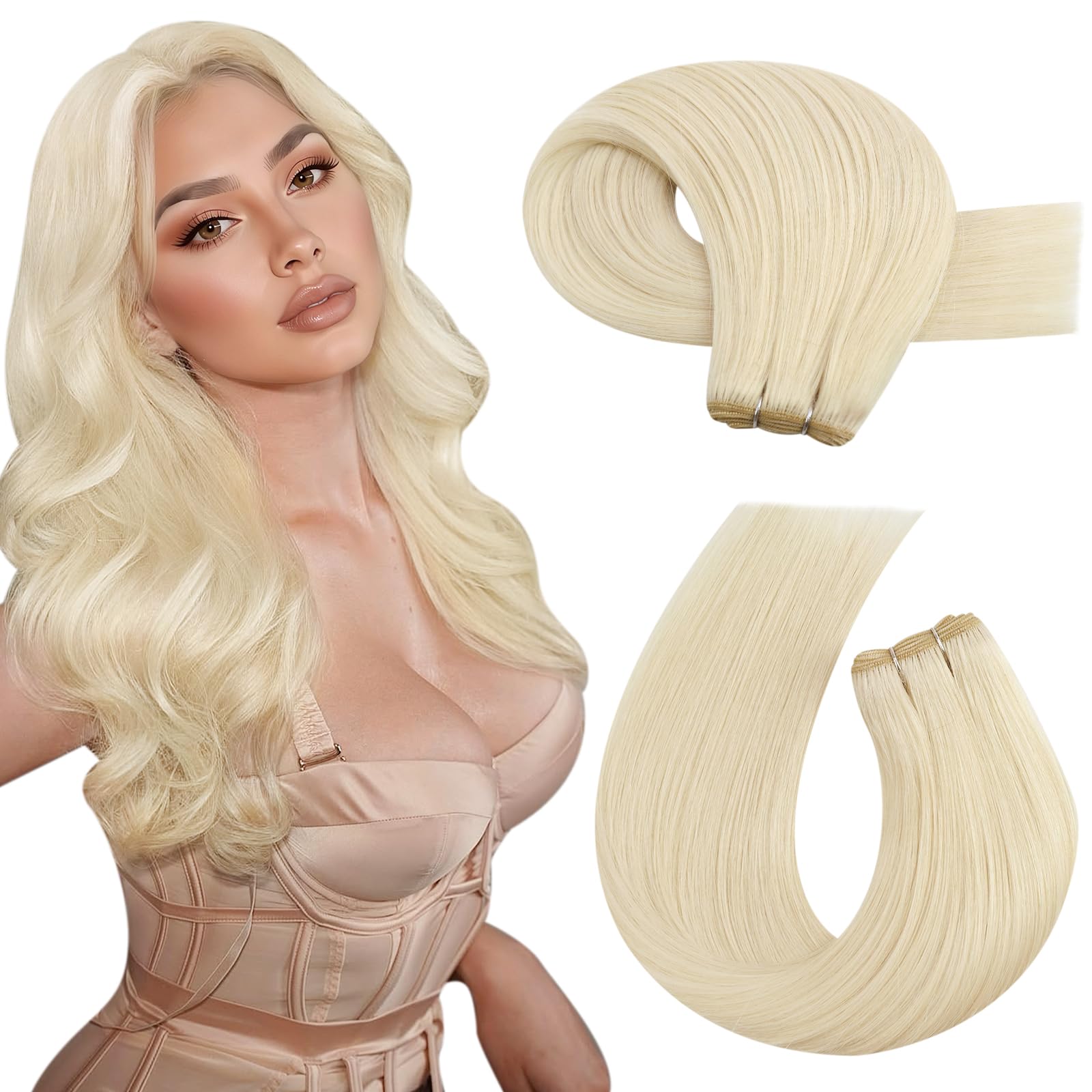 Moresoo Weft Hair Extensions Real Human Hair Platinum Blonde 20 Inch 100g Sew in Hair Extensions Human Hair Blonde #60