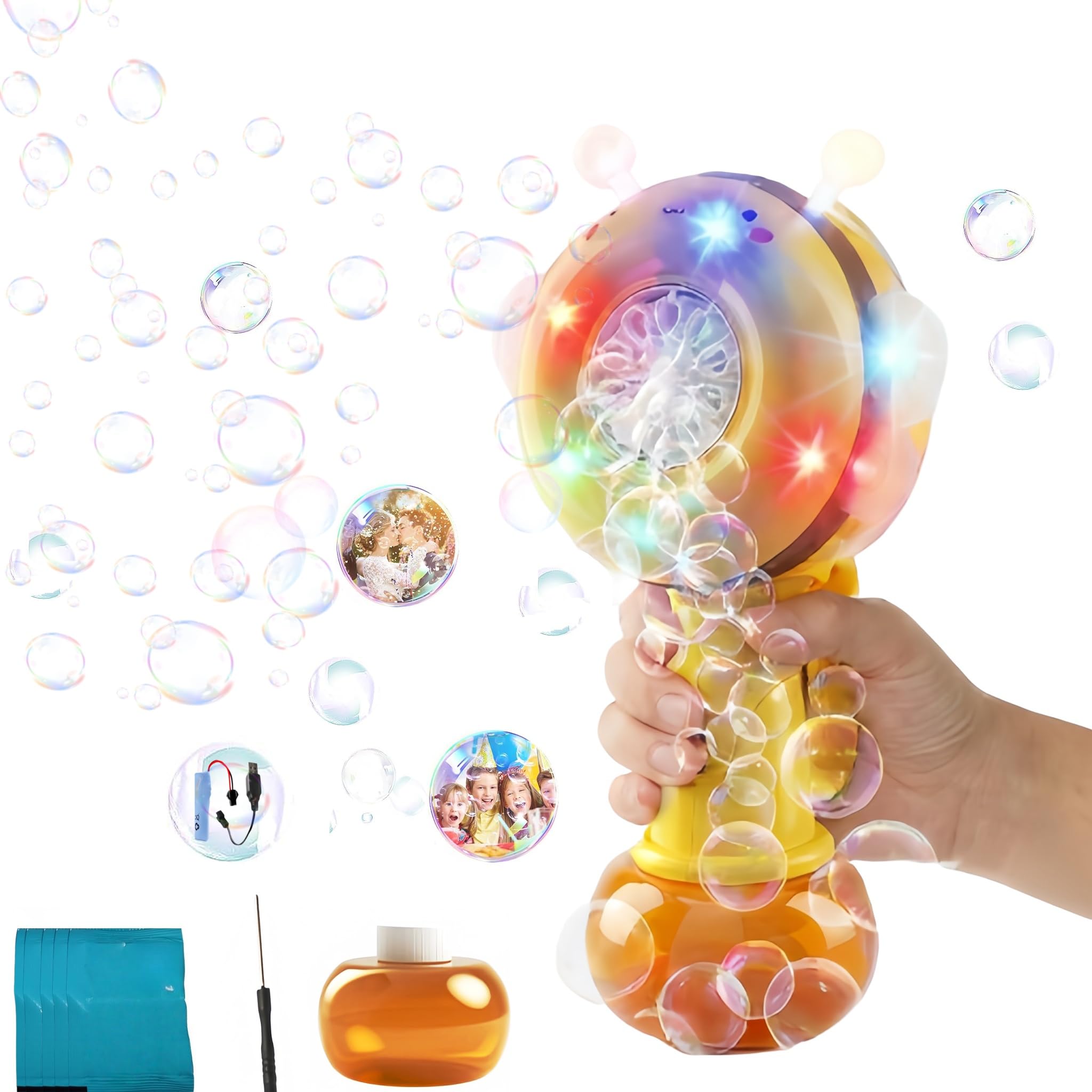 Bubble Machine for Kids, Muslecid Rechargeable Bees Bubble Maker, Light Up Automatic Bubble Wand Toys for Baby Children Gifts for Party Favors, Travel Outdoor Birthday Game