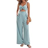 AGERWAY Womens Summer Jumpsuits Dressy Sexy V Neck Twist One Piece Outfits Sleeveless Casual Wide Leg Long Pant Rompers