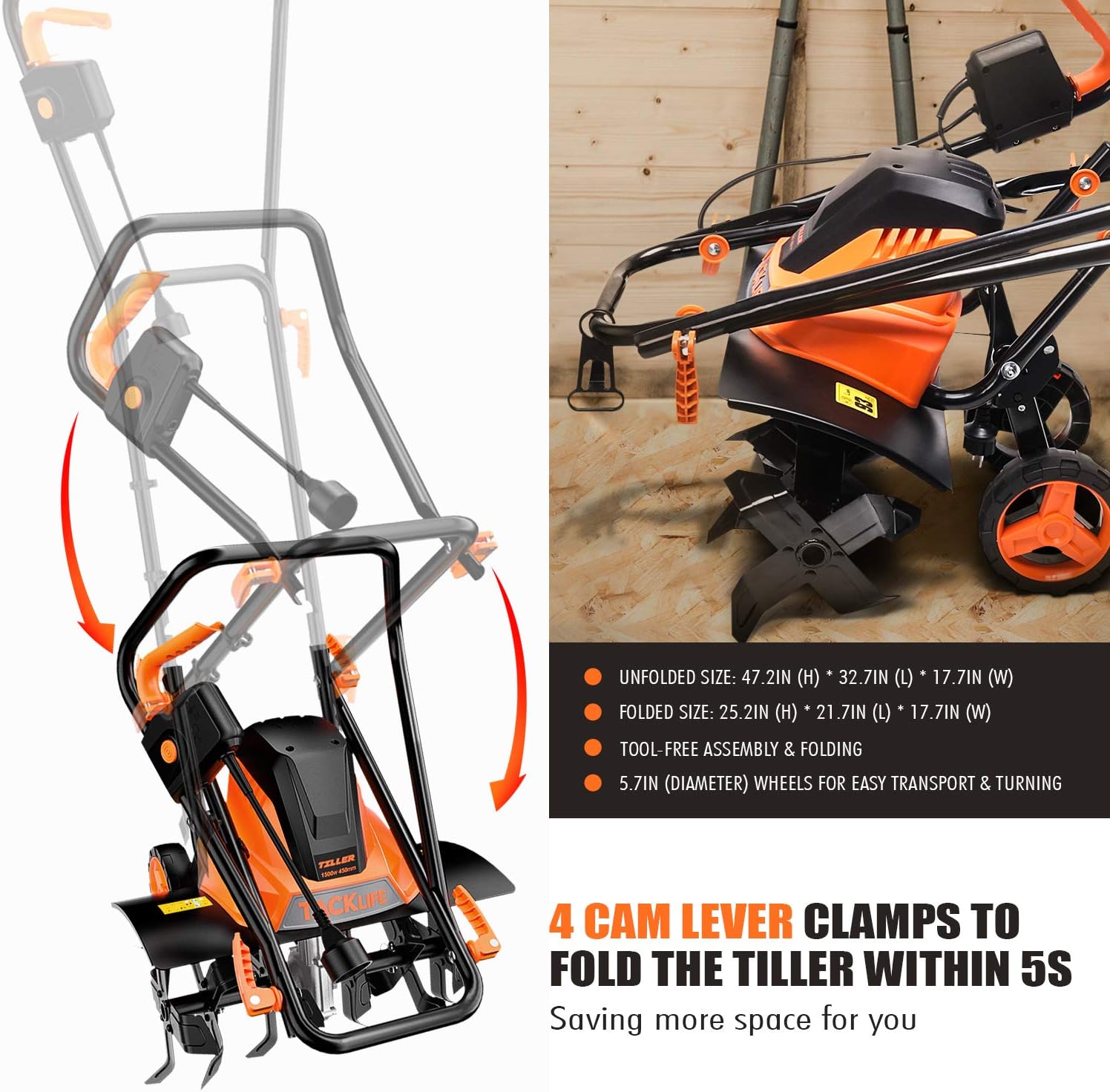 TACKLIFE Advanced Tiller, 18-Inch Electric Tiller, 13.5 Amp, Removable Blade, Adjustable Working Width(18''/12.5''), 8'' Tilling Depth, Foldable Handle, Adjustable Wheels, Tiller Cultivator - TGTL01A : Garden & Outdoor