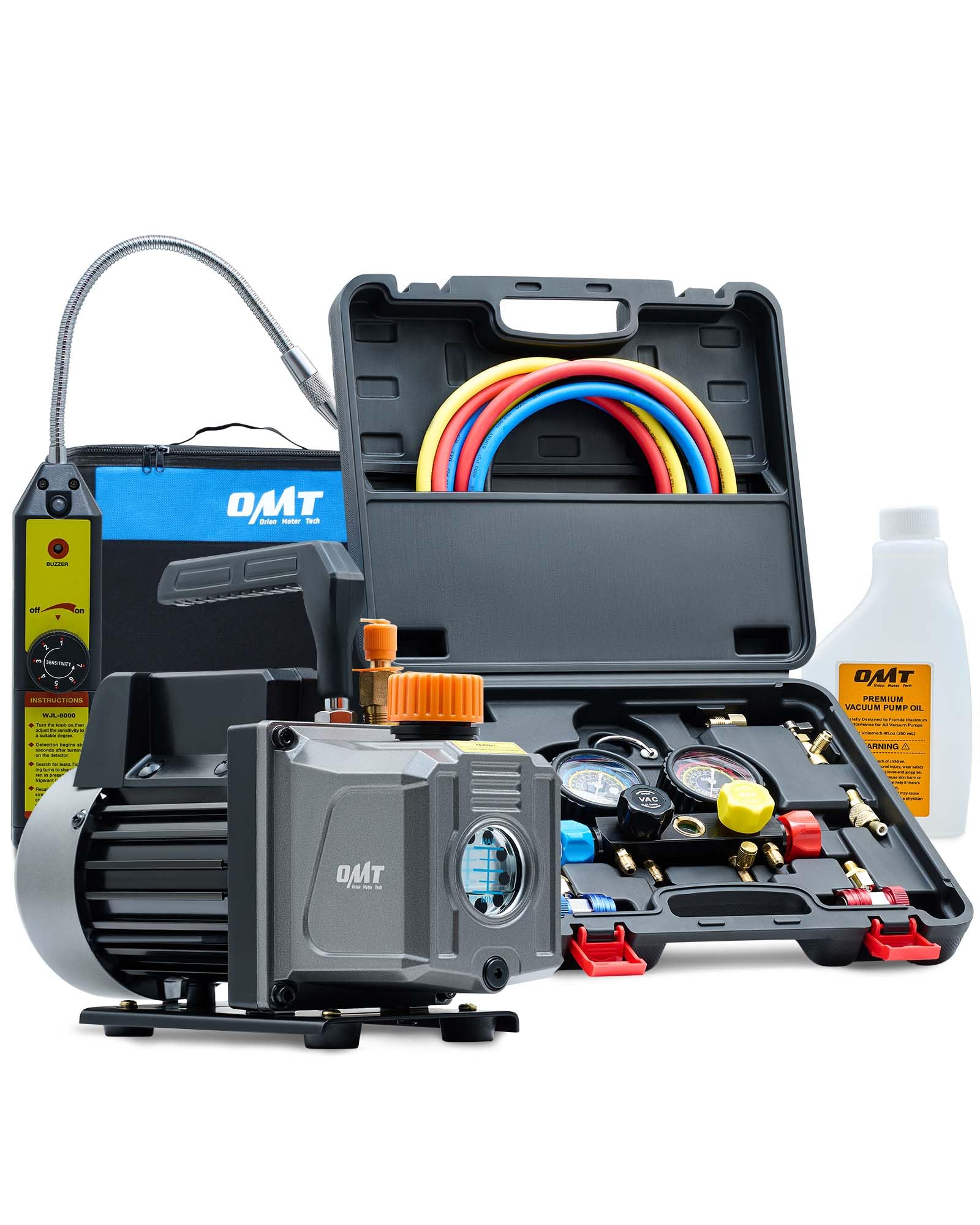 Photo 1 of Orion Motor Tech AC Vacuum Pump and Gauge Set, 1/3 hp 4 cfm Vacuum Pump Manifold Gauge Kit with Leak Detector 4 Hoses & Accessories for R134a R22 R410a, A/C Vacuum Pump Kit for Auto HVAC Systems