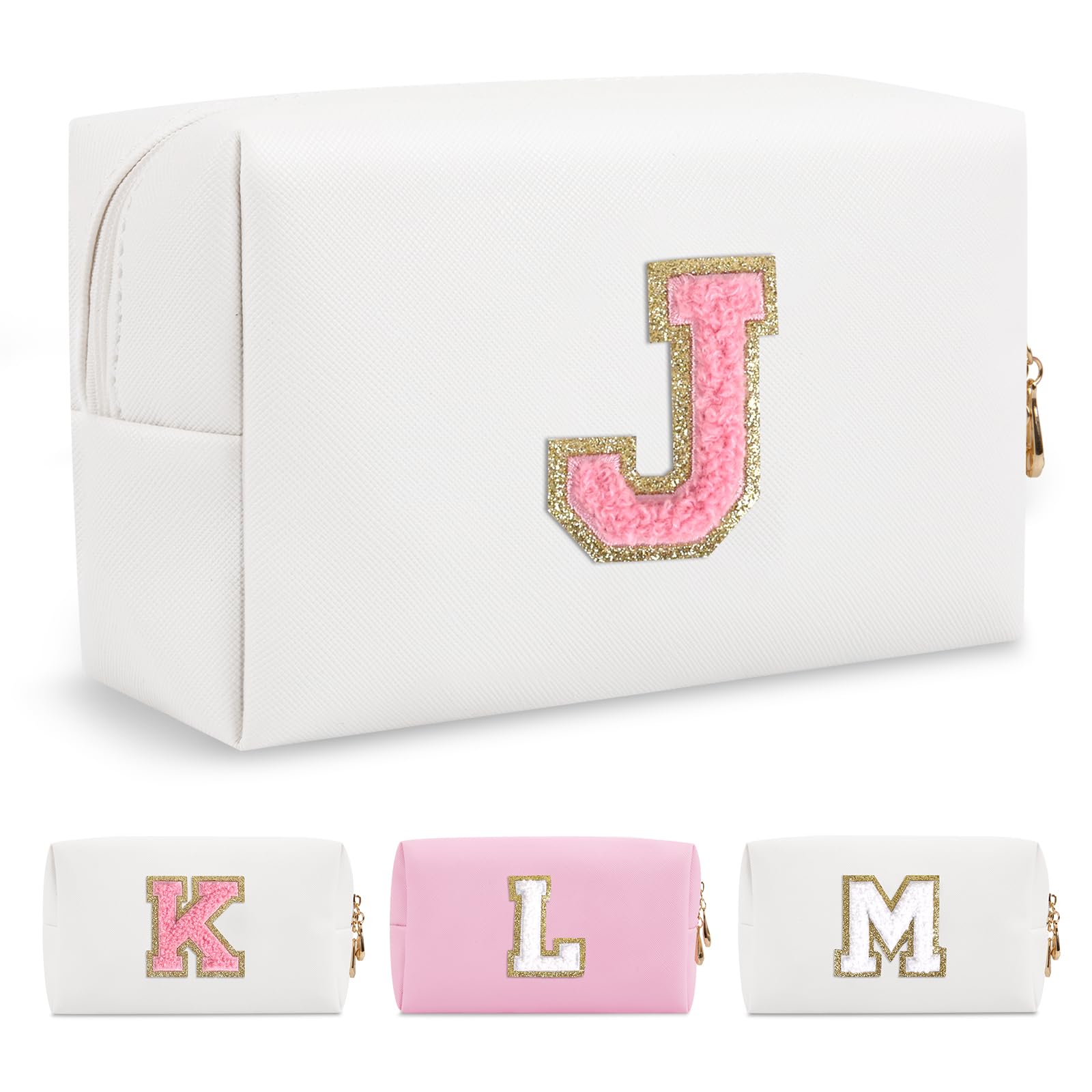 Photo 1 of Personalized Makeup Bag Initial A-Z Preppy Patch Bag,Small PU Leather Travel Cosmetic Bag Pouch with Zipper,White Cute Toiletry Bag,Gift Ideal for Teen Girls Women Birthday Friend Mom,Letter J