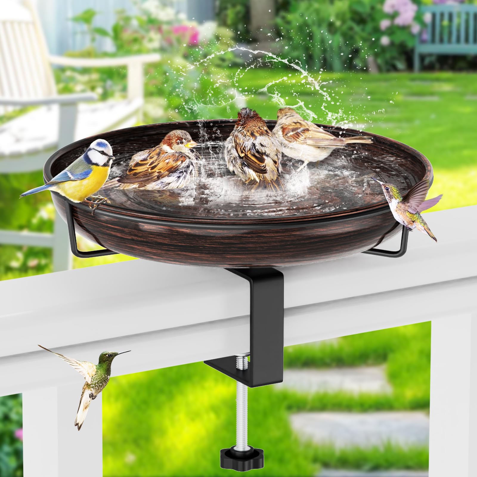 Photo 1 of ODSNANIE Deck Mounted Metal Bird Bath for Outside, Detachable Birdbath Bowl with Adjustable Steel Clamp, Outdoor Bird Feeder for Railing Balcony Fence Yard Art Garden Decor (Vintage Bronze)