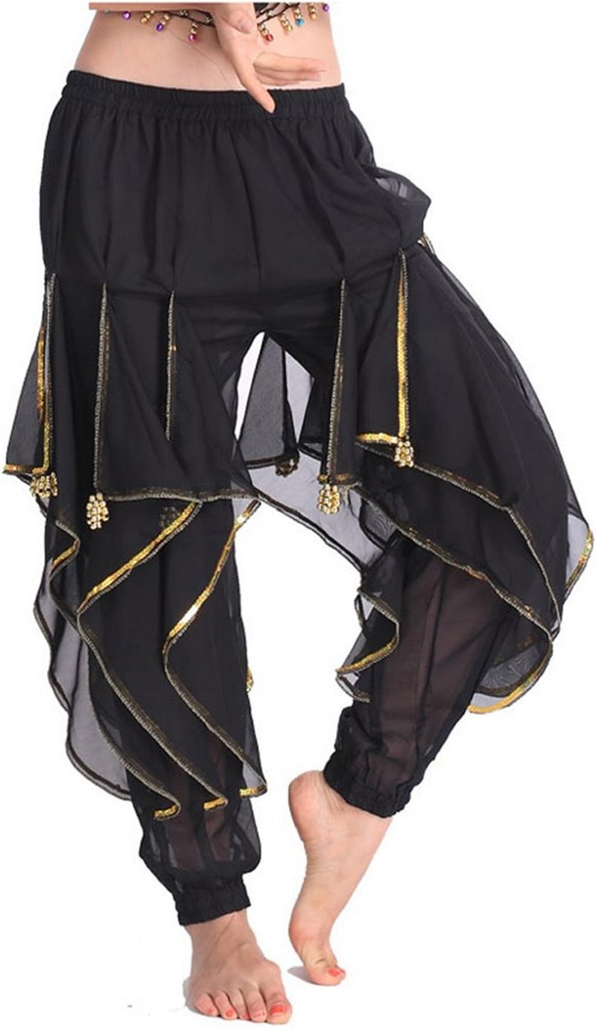 MUNAFIE Belly Dance Harem Pants Tribal Arabic Halloween Pants with Gold Trim US0-14