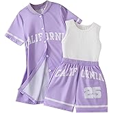 Hilinker Girls 3 Piece Outfits Graphic Tank and Short Sleeve Cardigan with Shorts Set