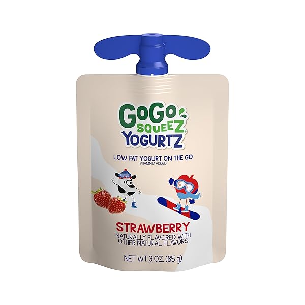 GOGO SQUEEZ LOW FAT YOGURTZ STRAWBERRY, 3 OZ POUCHES (PACK OF 4), KIDS SNACKS MADE FROM REAL YOGURT AND FRUIT, NO FRIDGE NEEDED, GLUTEN FREE, NUT FREE, RECLOSEABLE CAP, BPA FREE