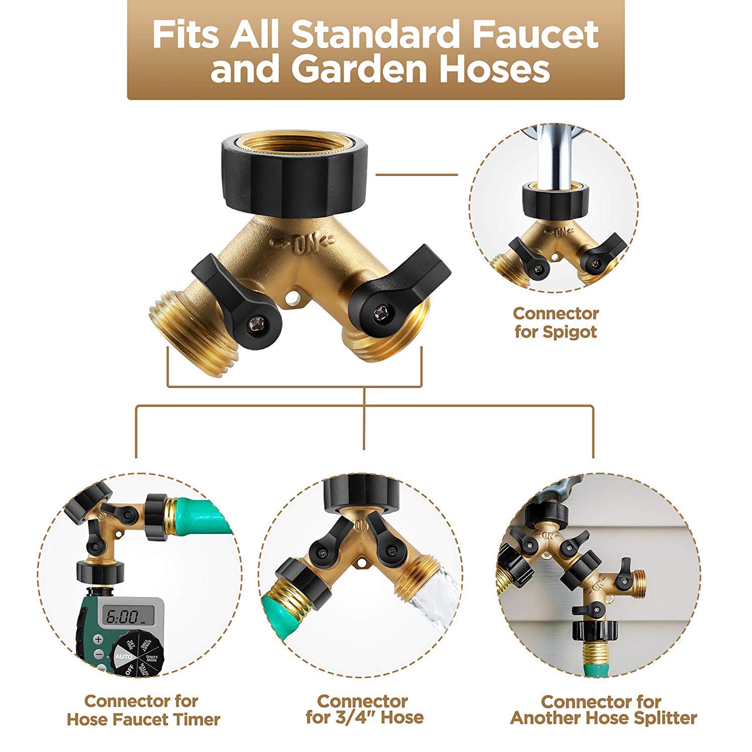 1 SIBOXU Solid Brass Body Backyard 2 Way Y Valve Garden Hose Connector