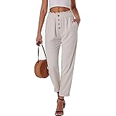 heipeiwa Women's Cotton Linen Casual Cropped Work Pants Summer Paper Bag Dressy Tapered Pants