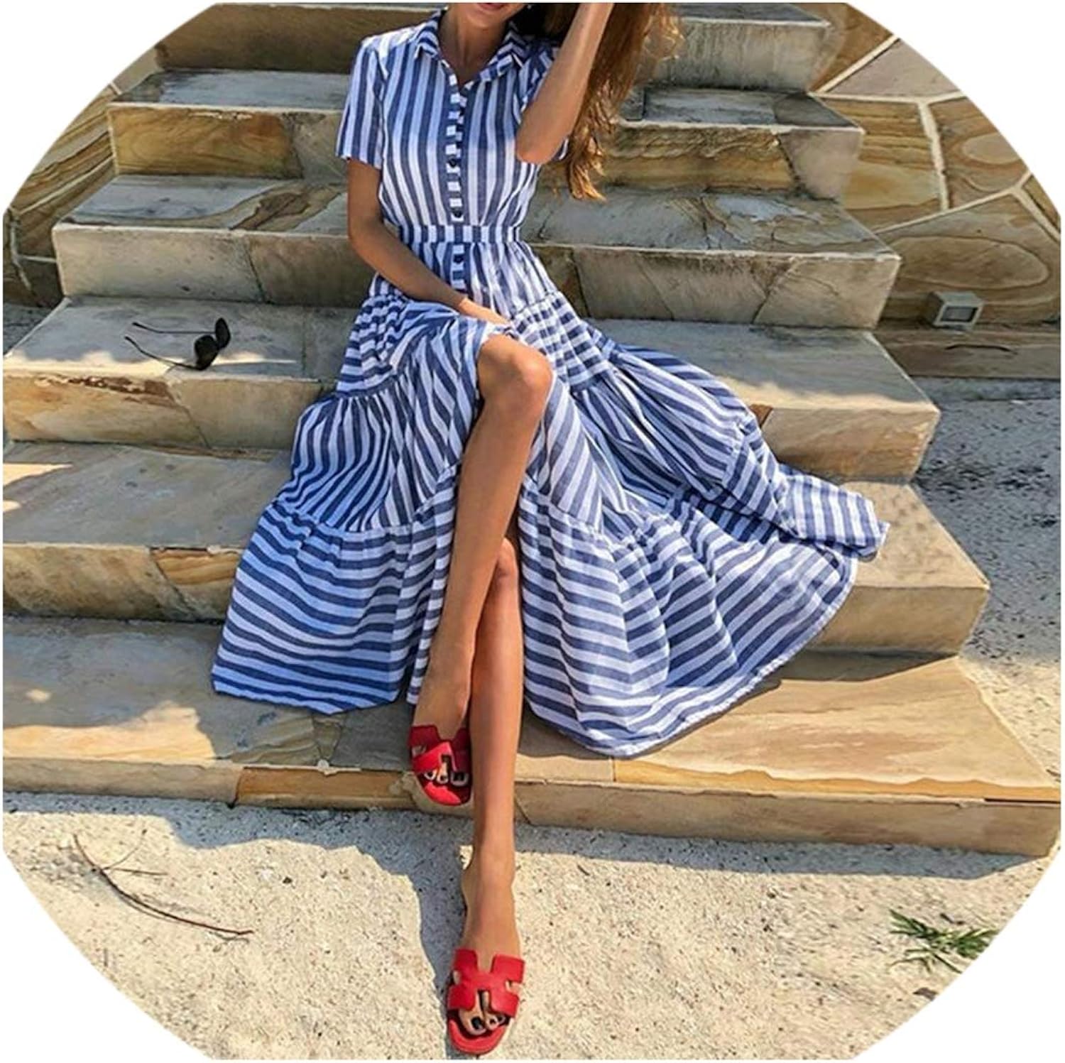 Blue Travel Beach Sexy Elegant Ladies Big Size Women Maxi Dresses Lapel Stripe,