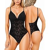 Irisnaya Lace Backless bodysuit Plunge Deep V Neck Body Suits with Built in Bra thong Tops