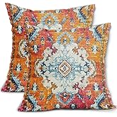 Orange Teal Boho Vintage Pillow Covers 18X18 Inch Bohemian Carpet Print Decorative Pillow Cases Antique Ethnic Indian Rust Throw Pillows Set of 2 Farmhouse Home Decor For Sofa Couch Porch Outdoor