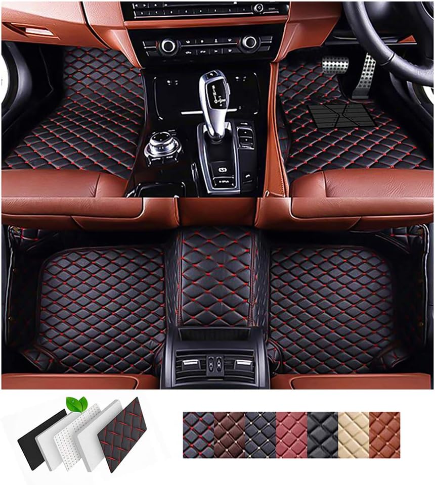 Myllon Car Floor Mats for BMW 3 Series M3 E90 Saloon 2005-2012 Custom Fit Artificial Leather Waterproof 3D Full Car Mats Carpets (black with red stitching)