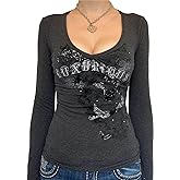 Women Vintage Y2K Long Sleeve Shirt Skull Fairy Grunge Gothic Graphic Printed Tee Tops Aesthetic Harajuku Top