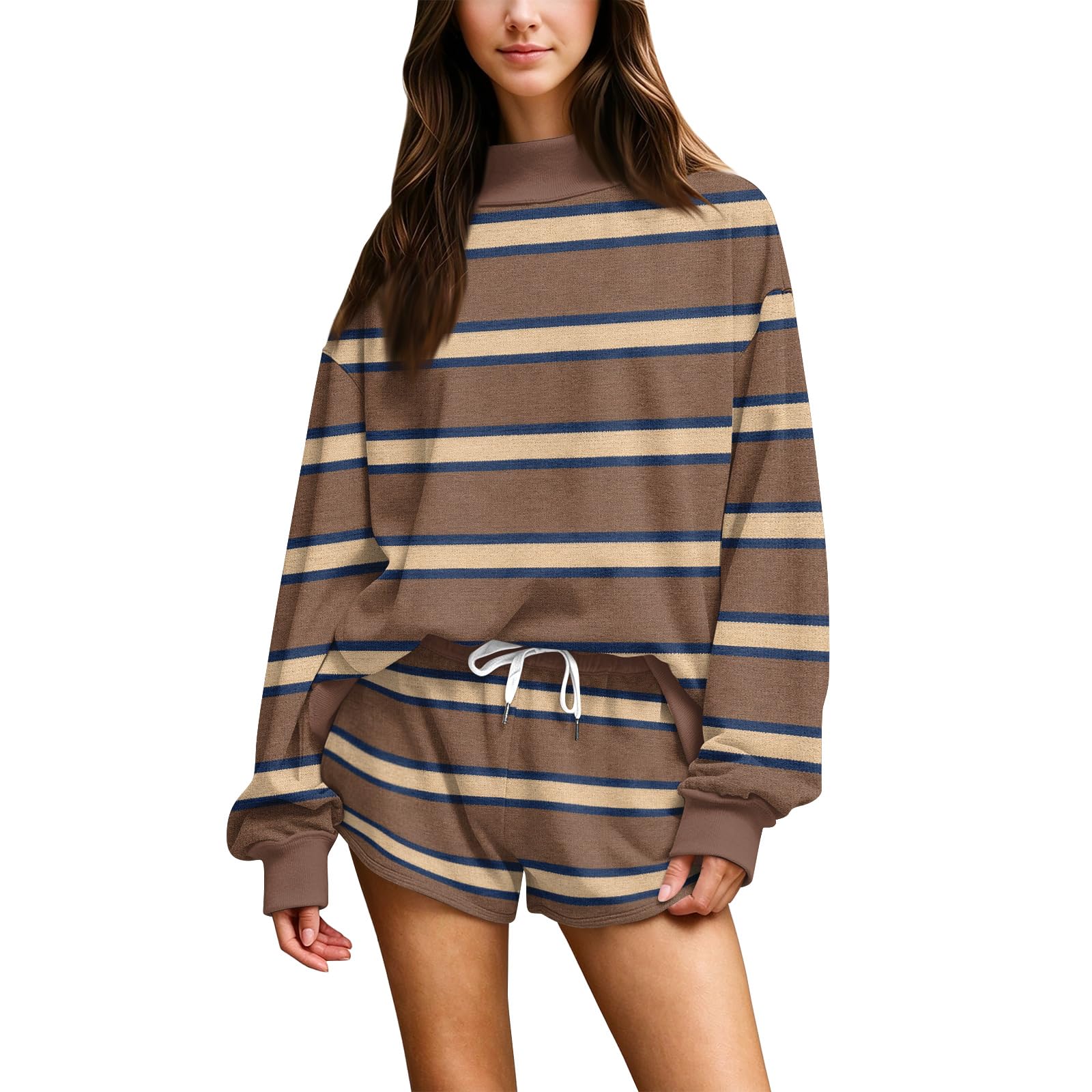 Shiketong Women's 2 Piece Striped Casual Long Sleeve Sweatshirt Shorts Sets | 2 Piece Outfits Mock Neck Sweatshirt Striped Lo