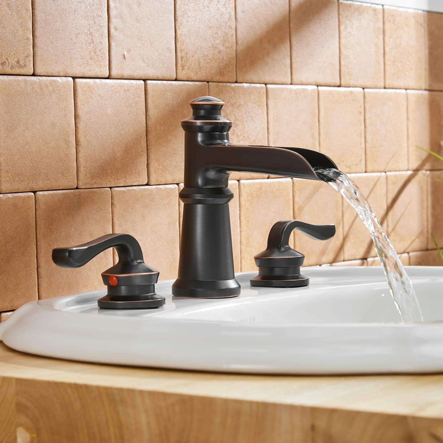 BWE Waterfall 8-16 Inch 3 Holes Two Handle Widespread Commercial Bathroom Sink Faucet Lavatory Oil Rubbed Bronze - - 