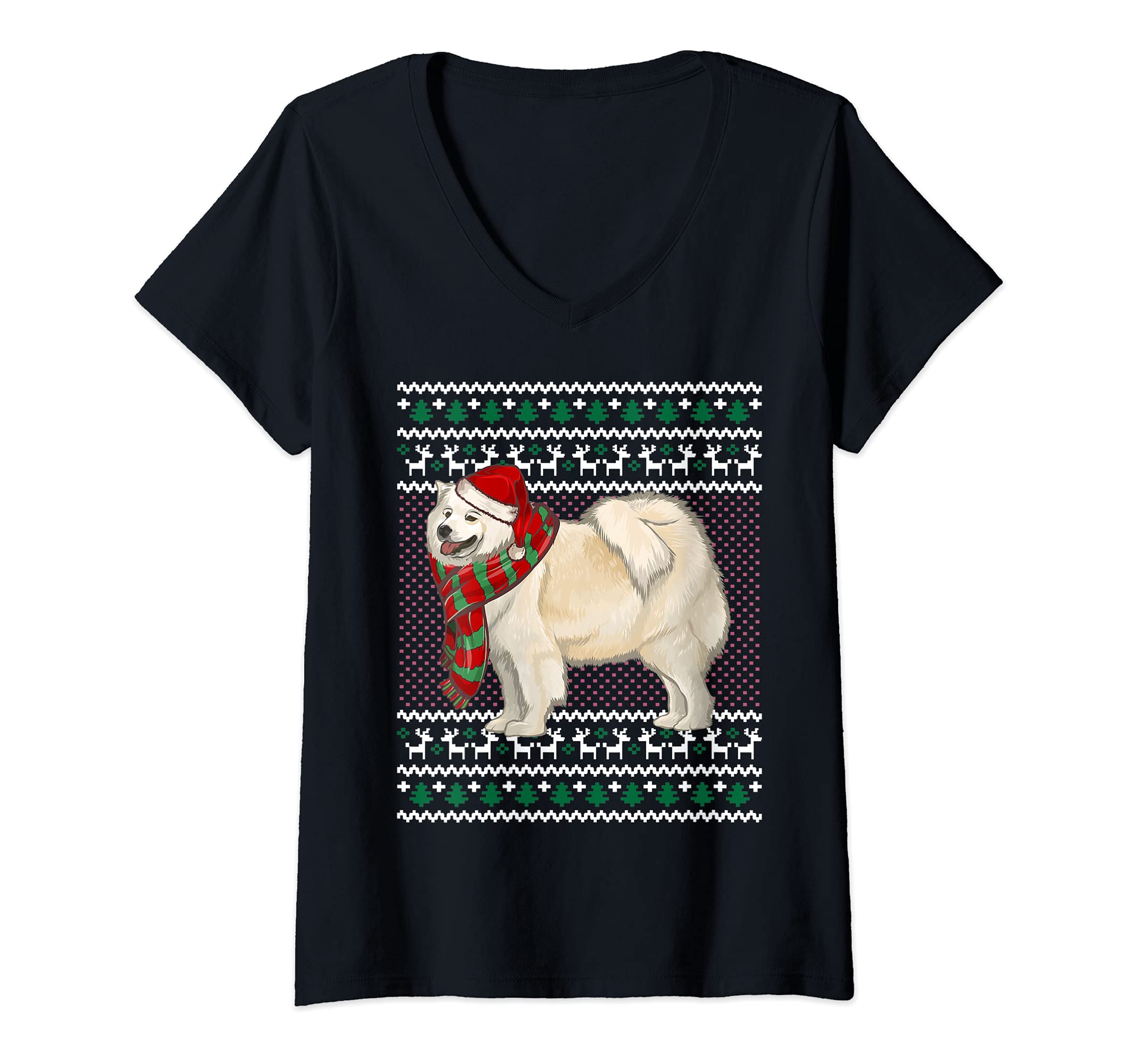 Womens Xmas Samoyed Dog Santa Hat Ugly Christmas V-Neck T-Shirt