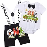 Wosixima Baby Boys Girls 1st Birthday Farm Bodysuit Birthday Bowtie Romper Outfit Short Sleeve Suspenders Shorts Set