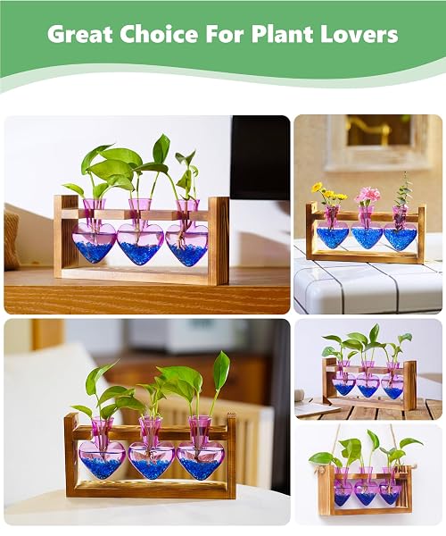 NACOME PLANT TERRARIUM PROPAGATION STATIONS: MOTHERS DAY GIFTS FOR MOM PLANT LOVERS WOMEN WIFE DAUGHTER – 3 BULB GLASS VASE WITH WOODEN STAND TABLETOP FOR HYDROPONICS HOME GARDEN DECOR(PURPLE)