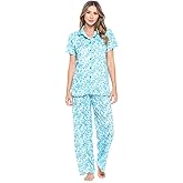 Casual Nights Women's Short Sleeve Long Pants Pajamas Set Floral Sleepwear & Loungewear Button Down Shirt PJ Set