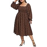 Purple Pocket Plus Size Dresses for Curvy Women Fall Long Sleeve Boho Square Neck Flowy Cocktail Party Maxi Dress