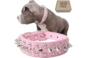 TEEMERRYCA Adjustable Leather Spiked Studded Dog Collars with a Squeak Ball Gift for Small Medium Large Pets Like Cats/Pit Bull/Bulldog/Pugs/Husky, Pink, L(15"-18.5")
