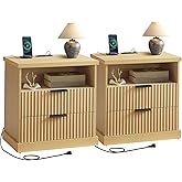 VASAGLE MAXE Collection - Set of 2 Nightstands with Charging Station, Fluted Night Stand, Bedside Table, Mid Century Modern Side End Table, 2 Drawers, 2 AC Outlets, 2 USB Ports, Oak Beige ULET926Y01
