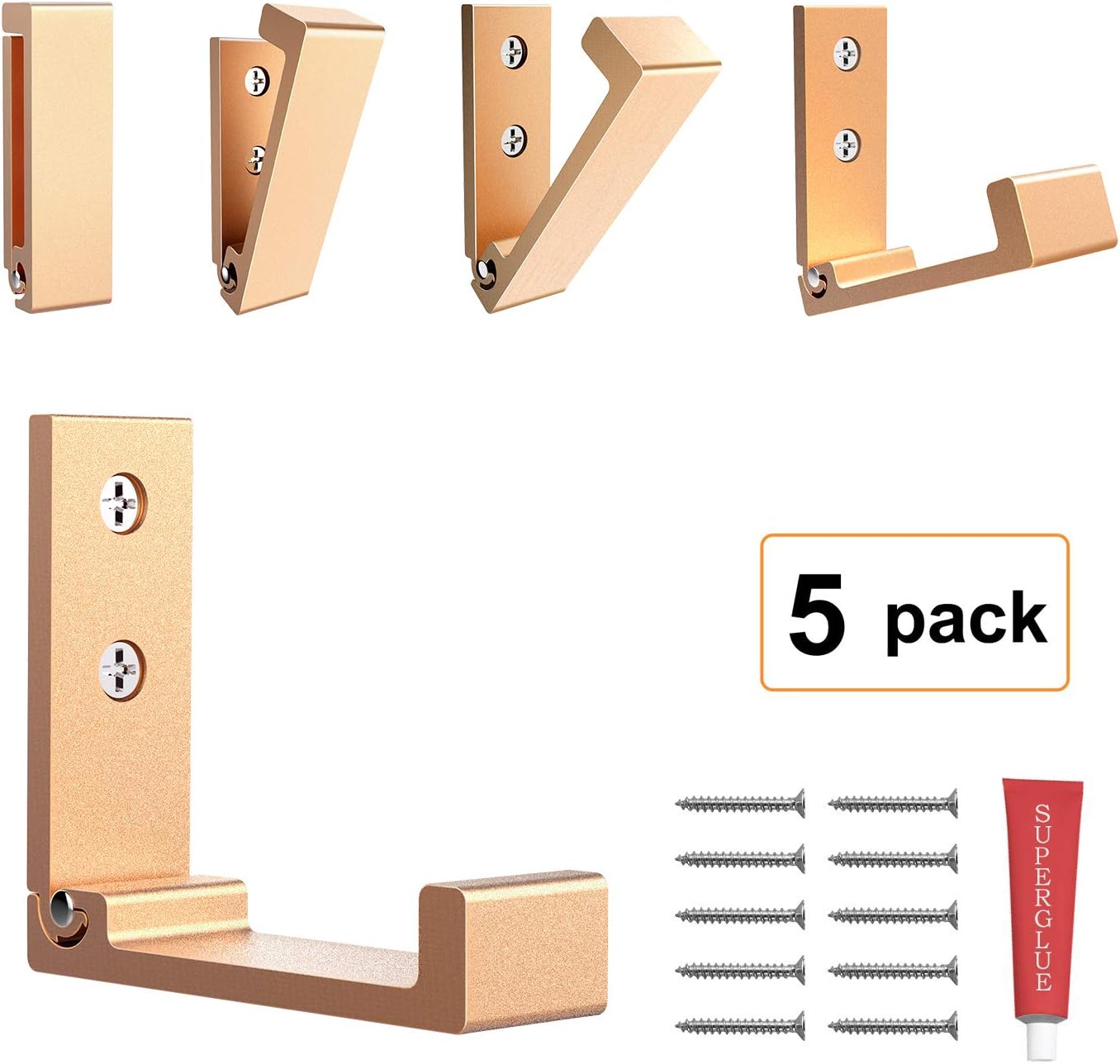 Foldable Adhesive Hooks,Heavy Duty Wall Hooks Zn Cu Alloy Ultra Strong Waterproof Hanger for Robe, Coat, Towel, Keys, Bags, Home, Kitchen, Bathroom 5 Pack (Gold)