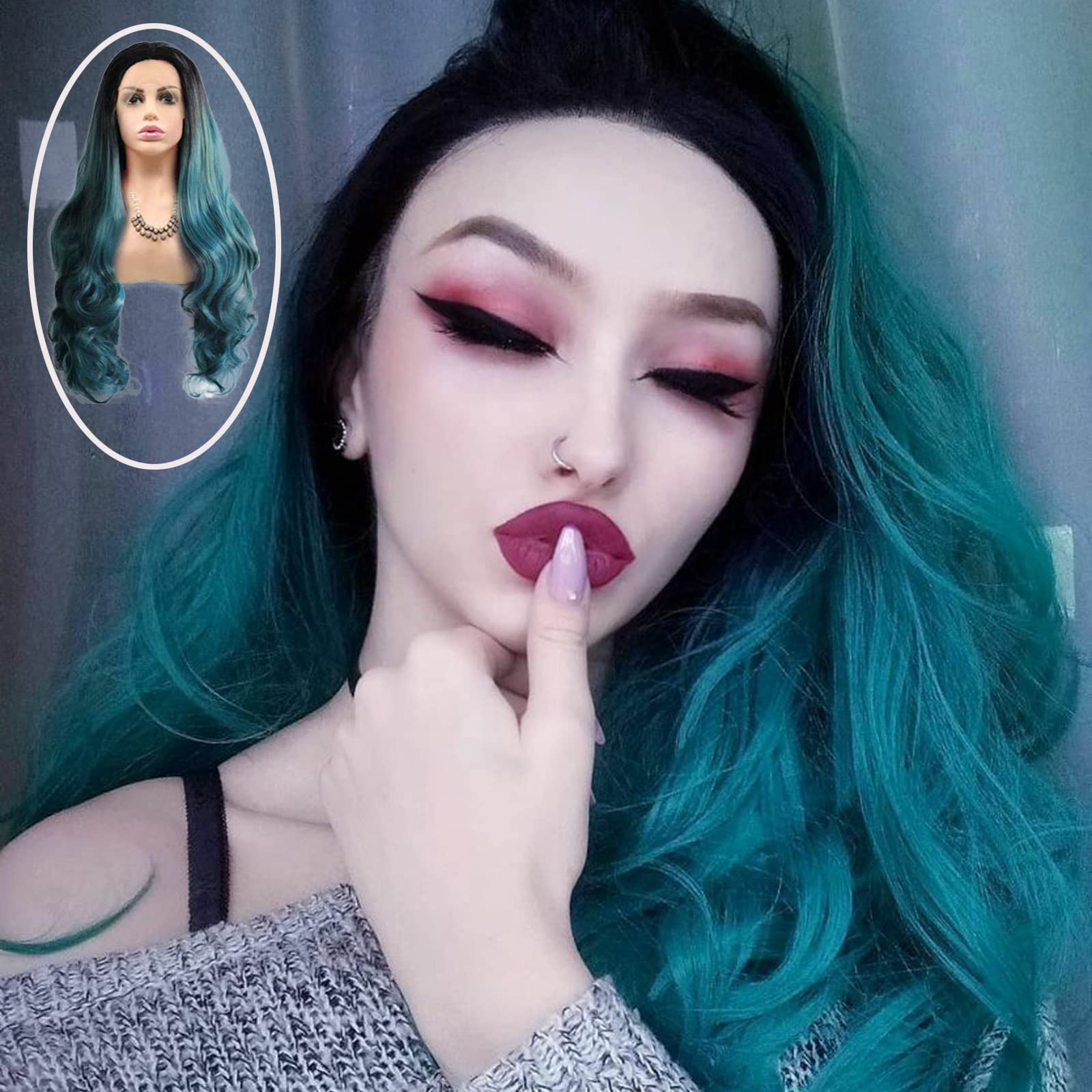 Long Wavy Blue Green Lace Front Wigs for Women Mixed Color Ombre Hair with Dark Roots Wig Heat Resistant Synthetic Wig Cosplay Party Halloween Daily Use Christmas Gtft 24inch