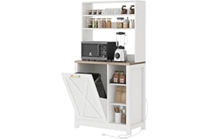 DWVO Bakers Rack Microwave Stand Cabinet with Trash Can Bin Cabinet and Power Outlet, 6-Tiers Farmhouse Kitchen Tall Thickened Coffee Bar Table Station with Storage Shelf (White)