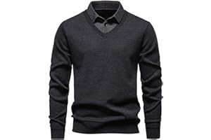 Sdeycui Men's Sweater Polo Shirts Long Sleeve Fake Two-Piece Knitted Sweaters Color Block Lapel Collar Pullover Tops