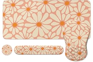 iLeadon Large Desk Mat Cute for Keyboard and Mouse,Ergonomic Massage Wrist Rest Pad with Memory Foam for Computer Keyboard,4in1 Desk Pad Mat Set+Cup Coaster for Home Office,Orange Daisy