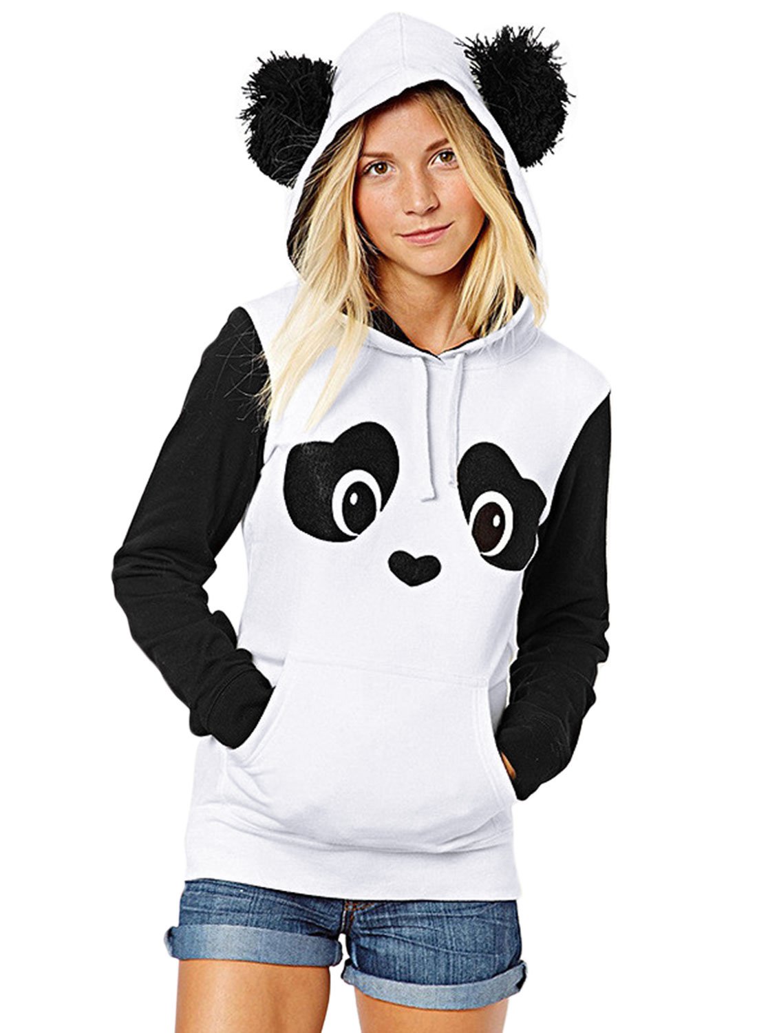 Photo 1 of ZXZY Women Cute Cotton Blend Long Sleeve Panda Print Hoodies Pullover Tops, White, US XS