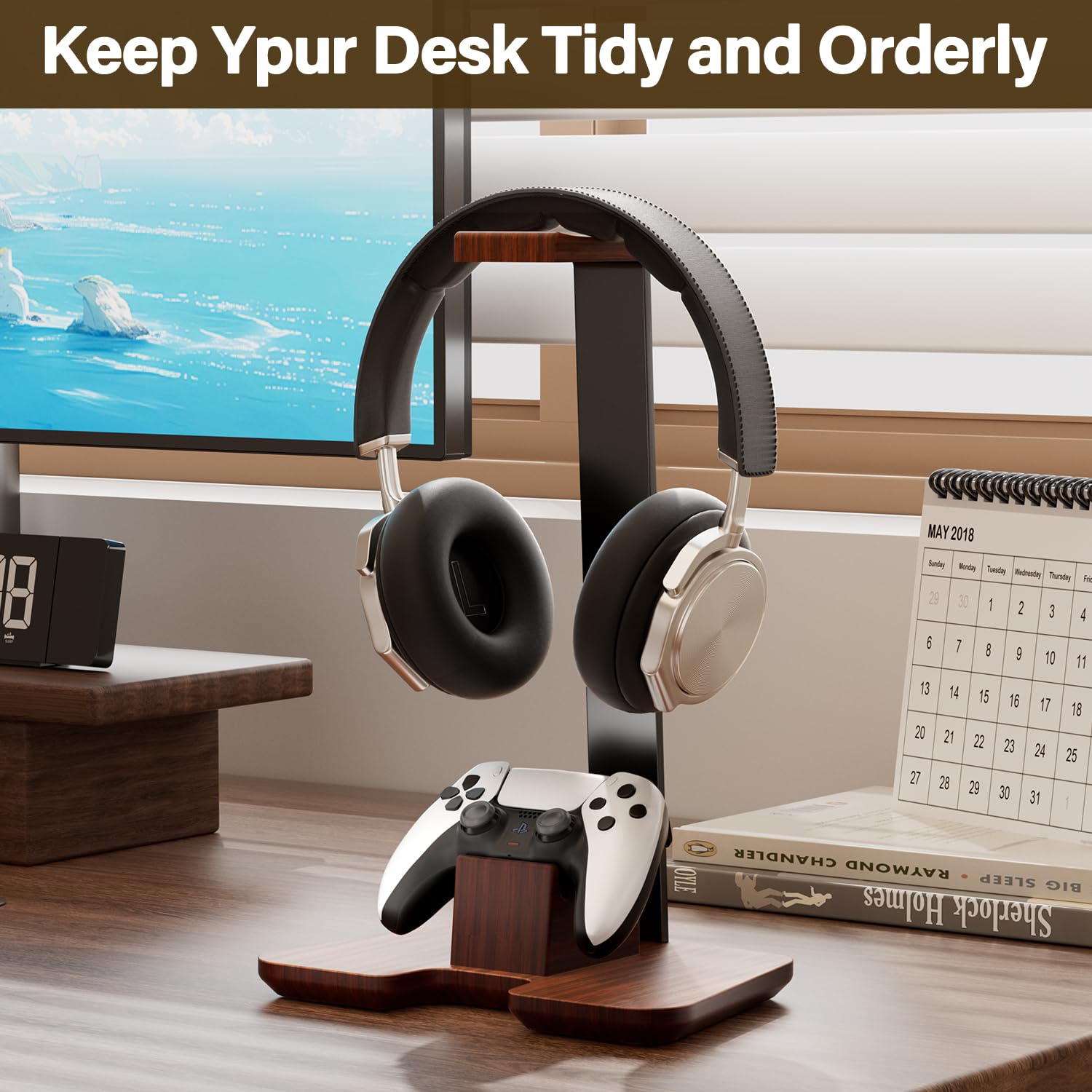 Controller Stand Wood Headphone Stand for Desk Gaming Desk Accessories Controller Holder for Gaming Equipment Headset Holder