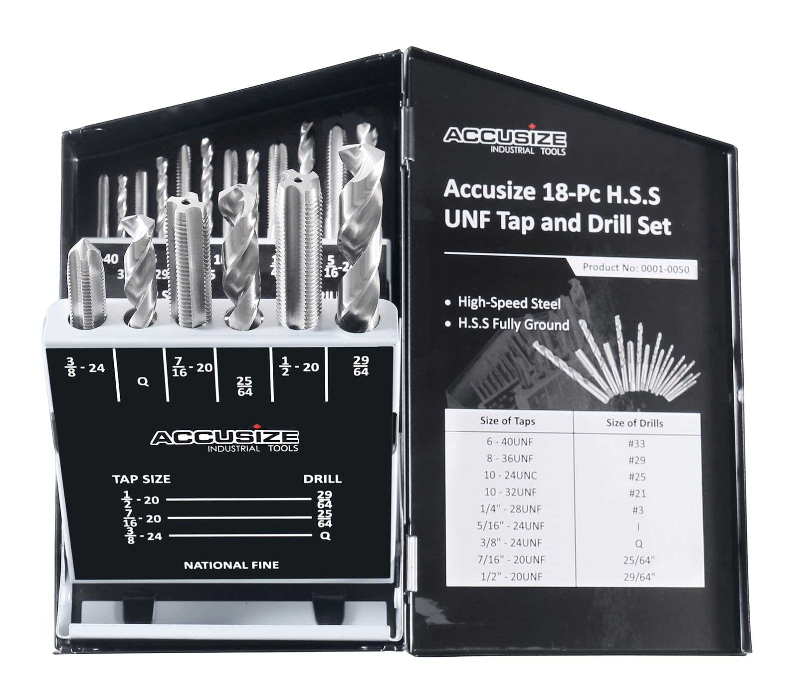 Accusize Industrial Tools 18 Pcs/Set H.S.S. Tap & Drill Set, UNF in Metal Box, 0001-0050 โ image 1