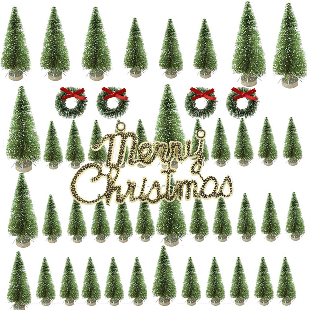 Pannow Miniature Christmas Tree, 49 PCS Artificial Snow Frost Trees Pine Trees Sisal Trees Tabletop Trees for Christmas Party Decoration