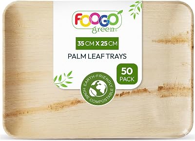 FOOGO Green 50 Disposable Palm Leaf Trays Large 14x10 inch Eco Friendly
