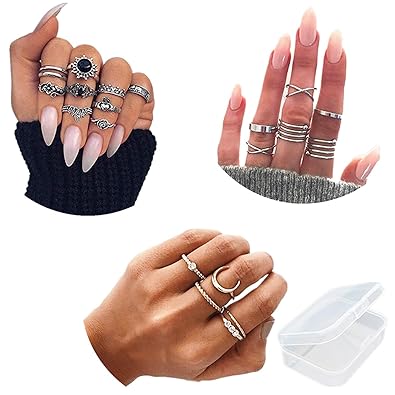 21 Stück Midi Ringe Set Silber Für Damen Retro Fingerring Nagel Finger Silber Gold Vintage Fingerring-Set mit Schöner Box