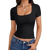 LYANER Women's Scoop Neck Ribbed Knit Slim Fitted T Shirts Short Sleeve Basic Crop Tops